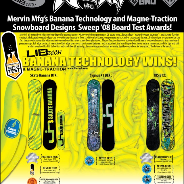 Image From Mervin Mfg’s Banana Technology and Magne-Traction Snowboard Designs Sweep ‘08 Board Test Awards!
