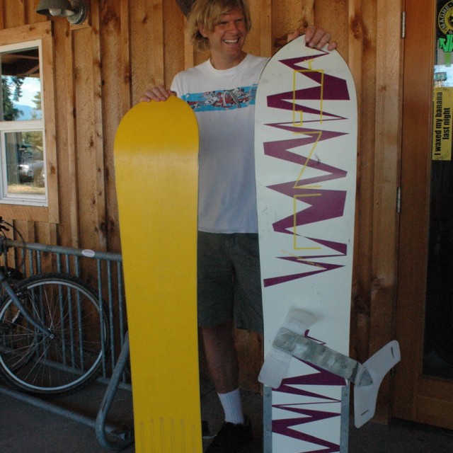 Image From Mike Olson with some of the first deep sidecut boards ever built