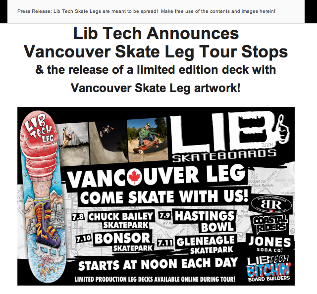 Image From Press Release: Lib Tech Announces Skate Leg Tour Vancouver Stops