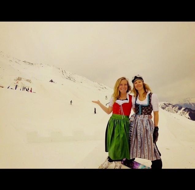Jamie Anderson and Kjersti Buass getting into character on Day 3 in their Dirndls